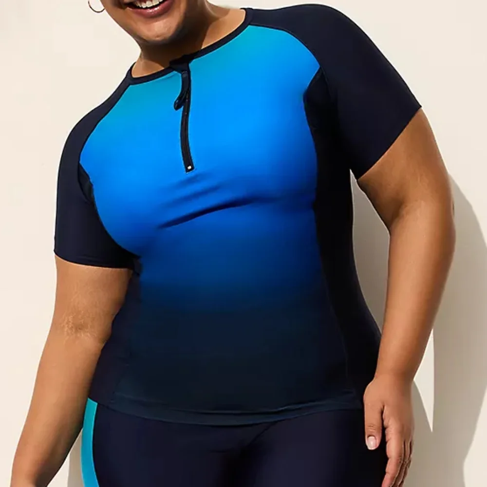 Lane Bryant Cacique Mermaid Blue Quarter Zip Short-Sleeve Swim Rash Guard Top 24 - Picture 4 of 5